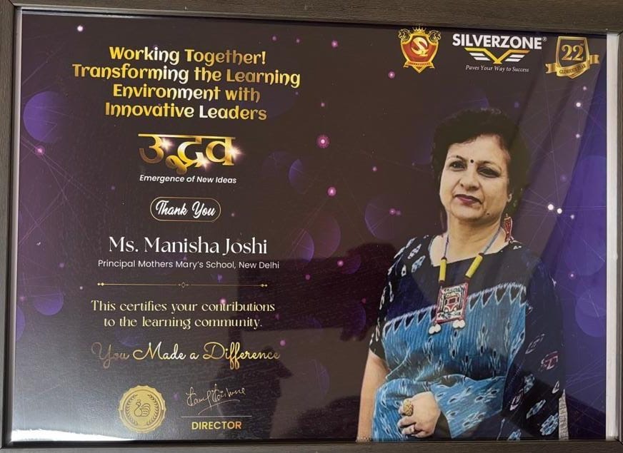 Principal, Ms. Manisha Joshi was conferred with the Excellence in Education Award at the 22nd Excellence in Education Award and Felicitation Ceremony 2024-25, organised by SilverZone Foundation. Additionally, she received the coveted GSLC AcadElite EduIns